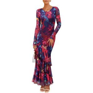 Women's Fall Floral Maxi Dress Blue Red